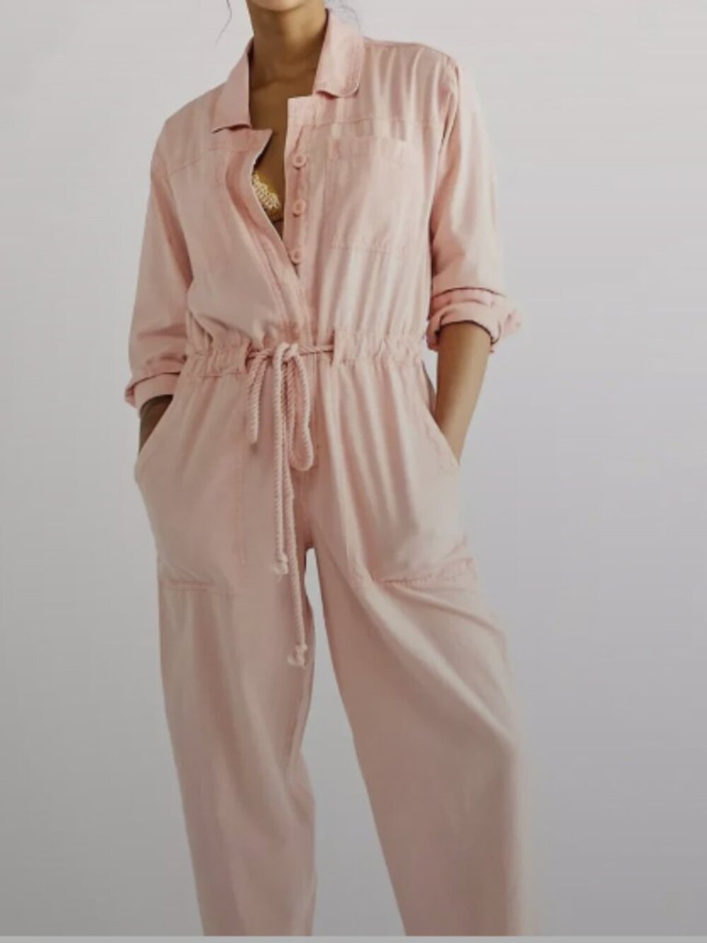 Free People Quinn Coveralls Jumpsuit Cotton/Linen Blend Peach Size S